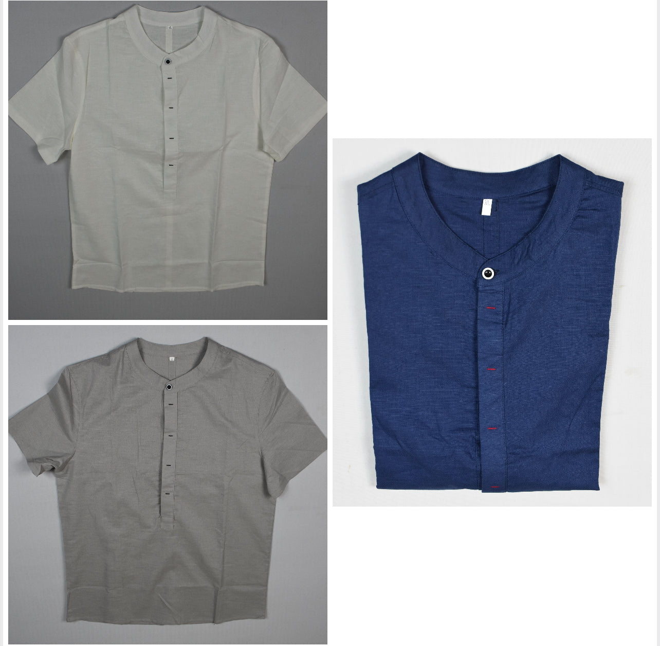 LotX3 Bespoke Luxury Linen Cotton Collarless Men ShortSleeve Henley Shirt XL New