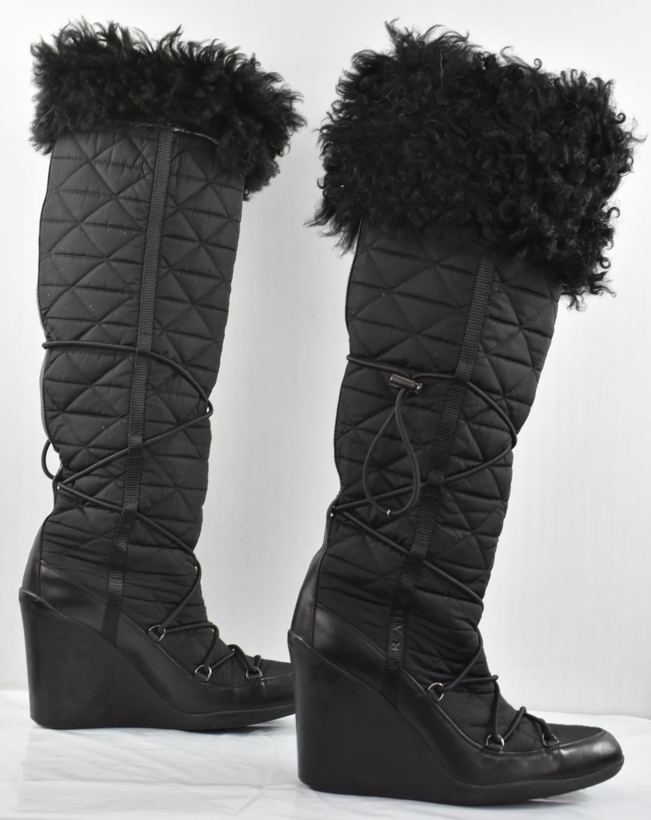 Prada Nylon And Fur Lace Up Winter Boots Size 35.5 - 5.5 US MINT $1200