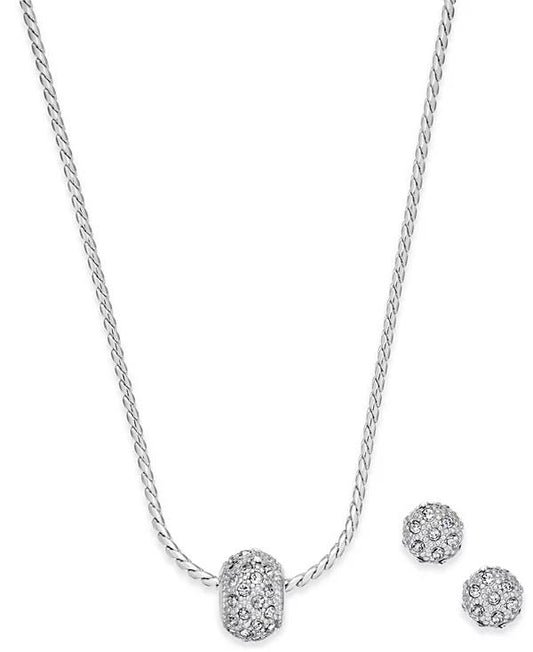 Charter Club Silver-Tone Pavé Ball Pendant Necklace Stud Earrings Set NEW $30