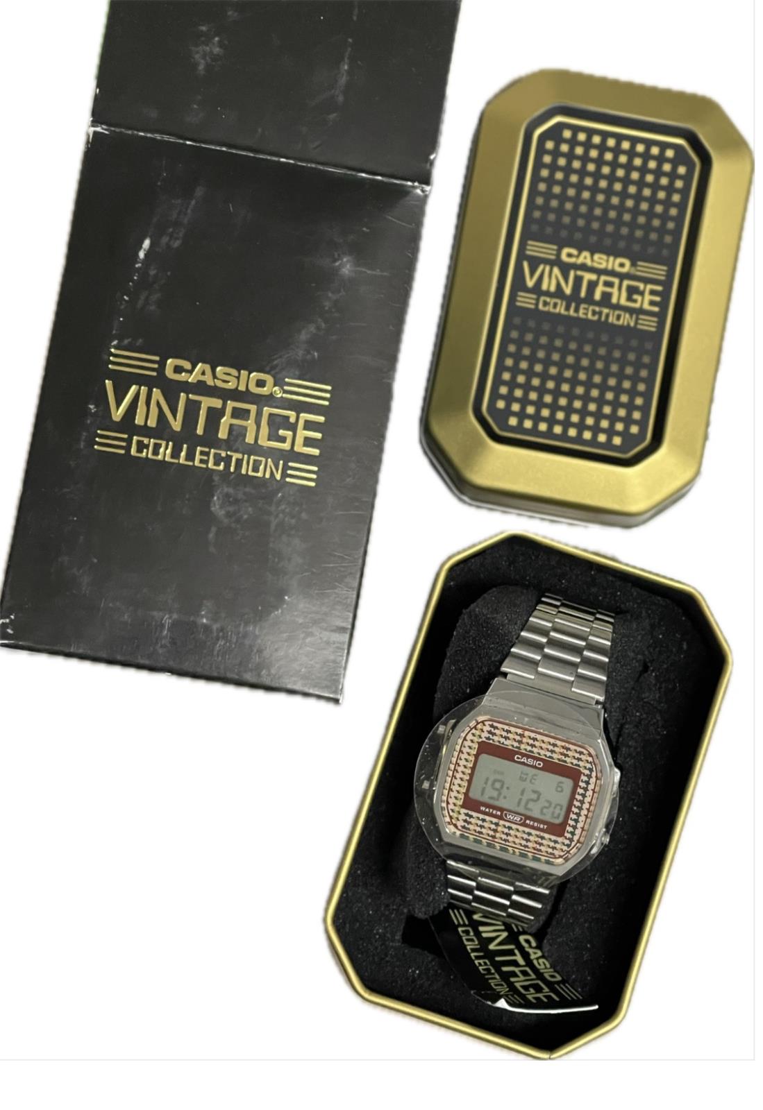 Casio Vintage Digital Stainless Steel Houndstooth Watch NEW A168WEF-5AVT