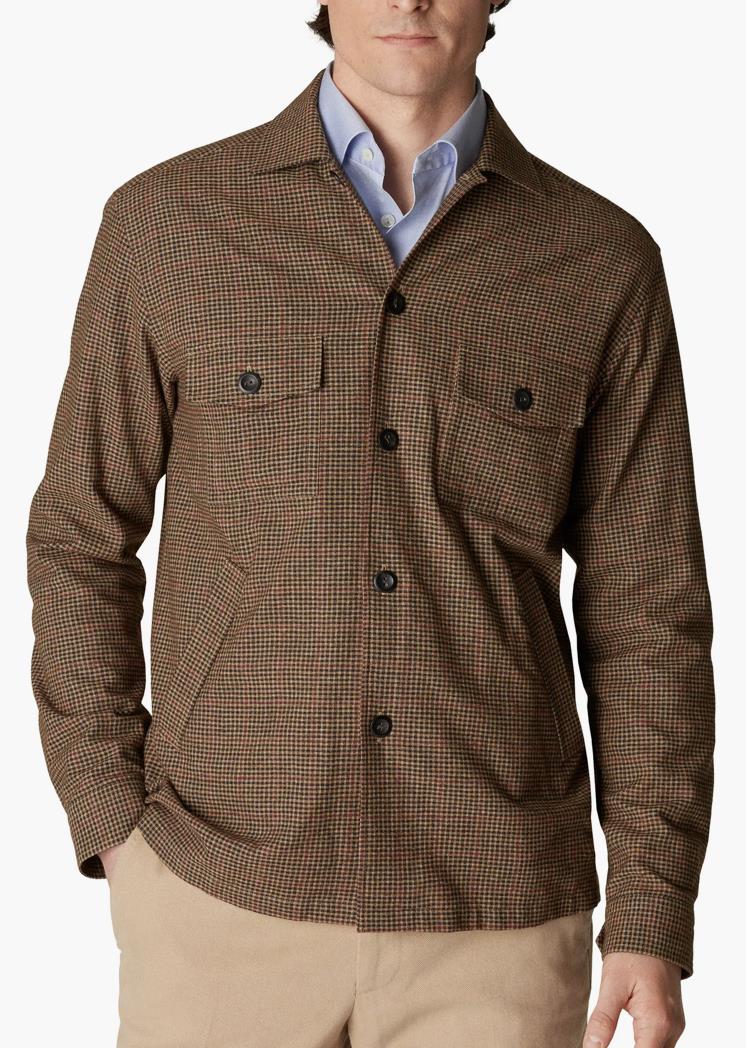 Eton Mens Brown Checked Cotton–wool–cashmere Flannel Overshirt Jacket L New $300