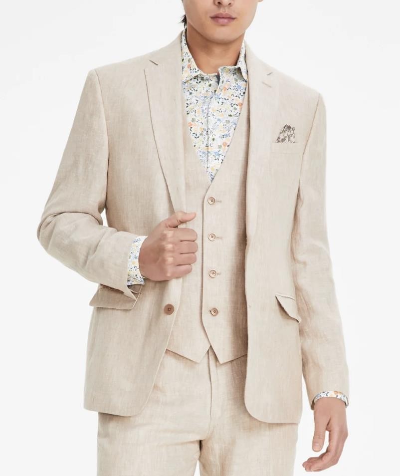 BAR III Men's Linen Tan Slim 2 Piece Jacket Pant Suit 36 S NEW