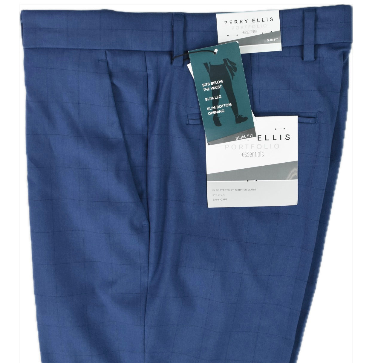 Perry Ellis Portfolio Mens Blue Windowpane Slim Pants 36 X 30 $95 PTBSD021