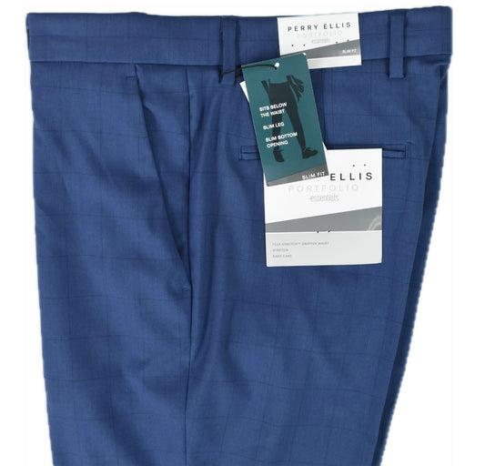 Perry Ellis Portfolio Mens Blue Windowpane Slim Pants 38 X 30 $95 PTBSD021