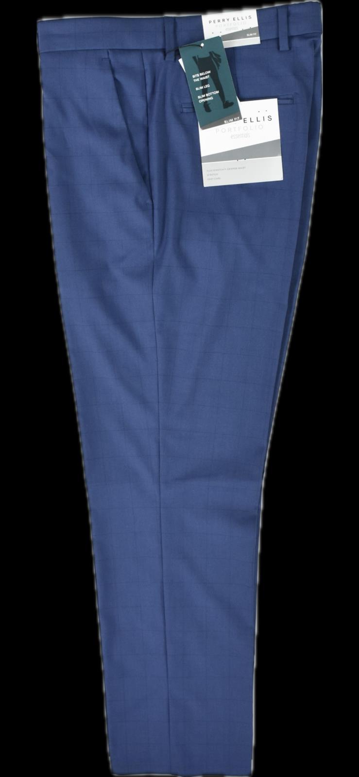 Perry Ellis Portfolio Mens Blue Windowpane Slim Pants 36 X 30 $95 PTBSD021
