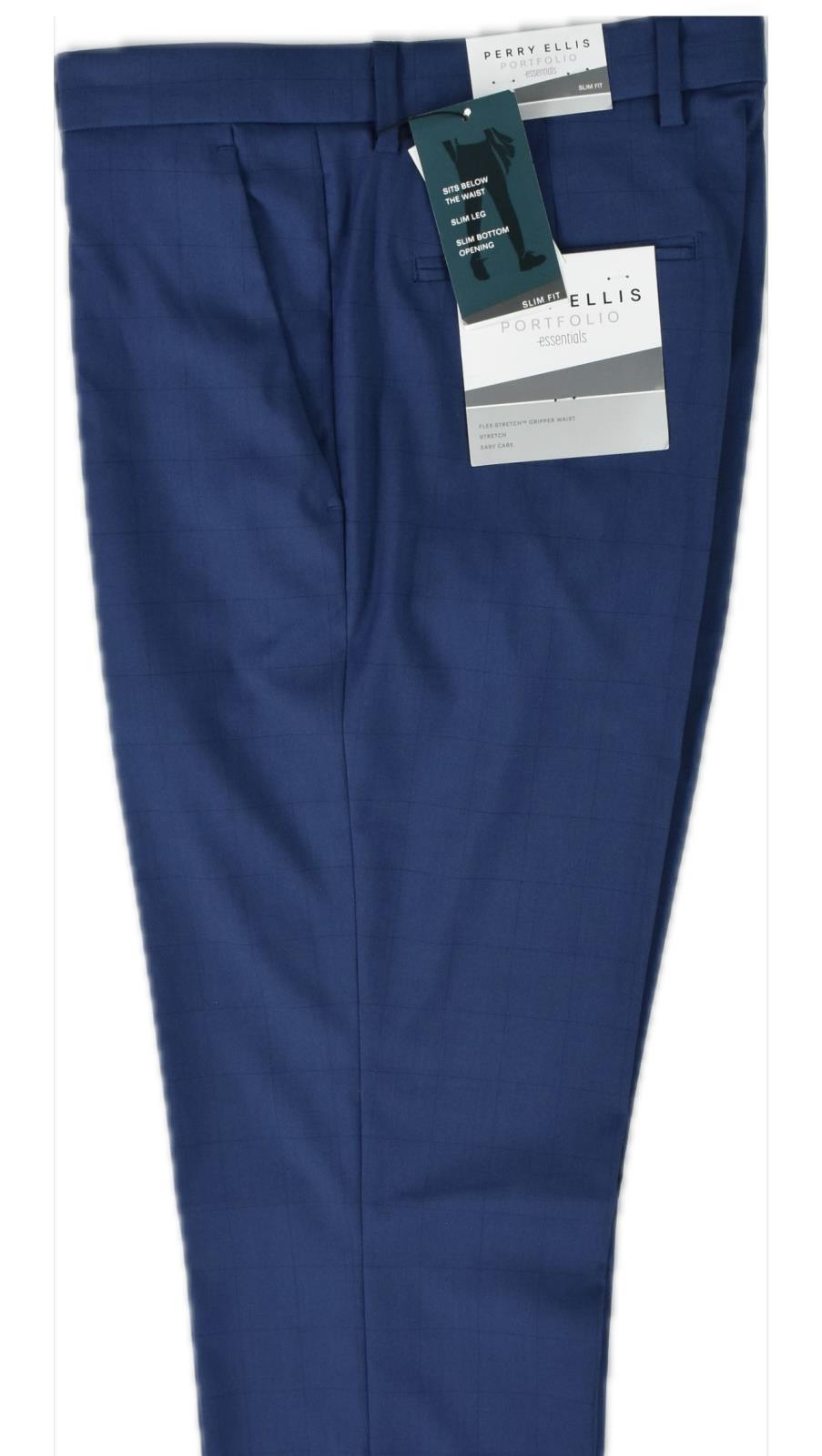 Perry Ellis Portfolio Mens Blue Windowpane Slim Pants 36 X 29 $95 PTBSD021