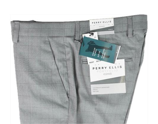 Perry Ellis Portfolio Mens Gray Windowpane Slim Pants 34 X 32 $95 5TBFD039