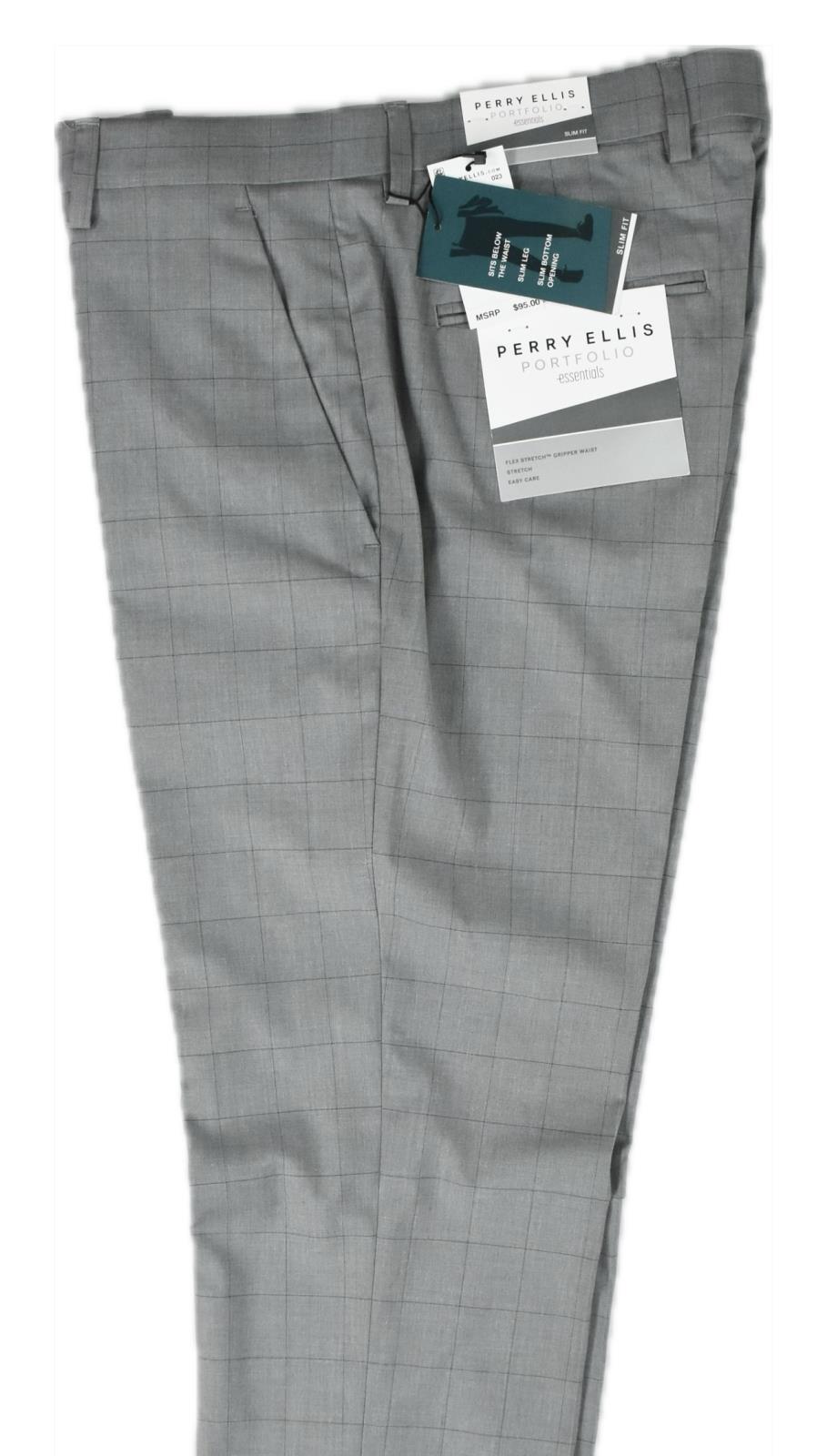 Perry Ellis Portfolio Mens Gray Windowpane Slim Pants 36 X 29 $95 5TBFD039