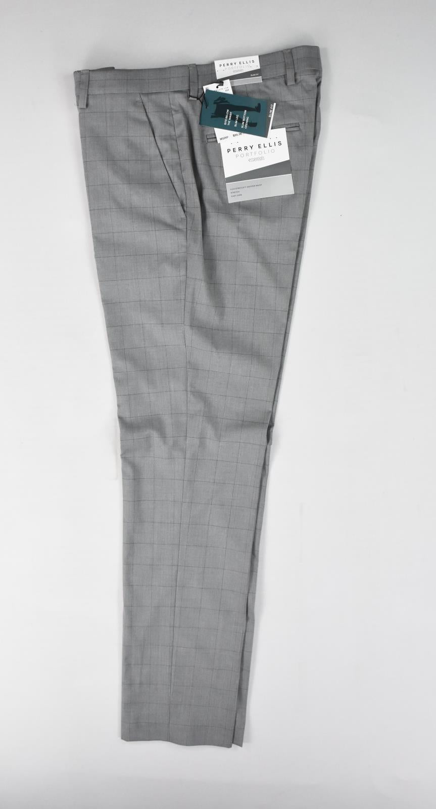 Perry Ellis Portfolio Mens Gray Windowpane Slim Pants 36 X 29 $95 5TBFD039