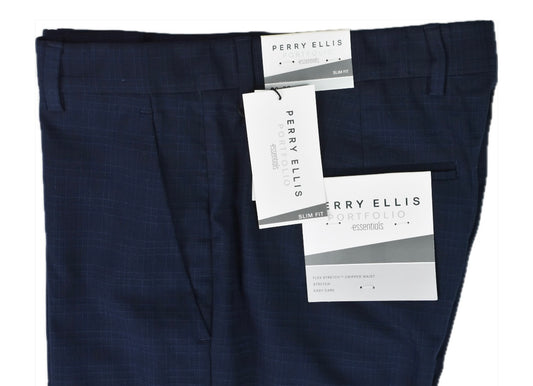 Perry Ellis Portfolio Mens Navy Check Slim Pants 36 X 34 $95 PTBFD040