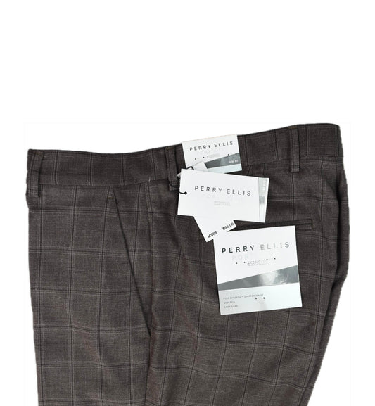 Perry Ellis Portfolio Mens Brown Plaid Slim Pants 36 X 32 $95 PTBFD041