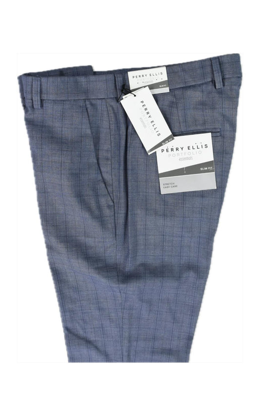Perry Ellis Portfolio Mens Bay Blue Check Slim Pants 32 X 30 $95 5RSB0038