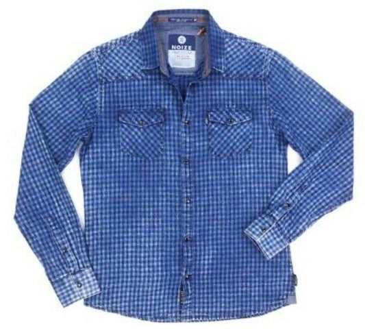 NOIZE AMSTRDM Mens Indigo Blue Gingham Button Down Shirt Sz L $100 New BLM3-22