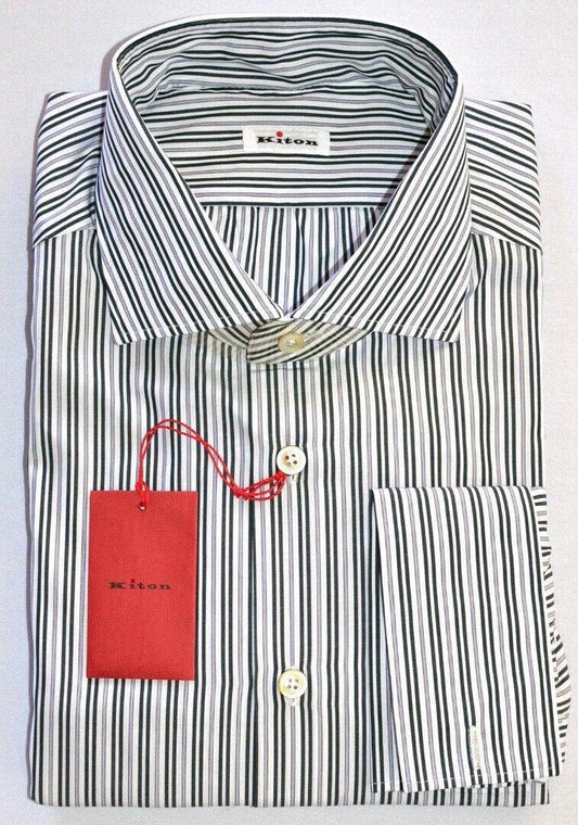 KITON Mens White Multi Stripe French Cuff Slim Dress Shirt Size 15.75 NEW $600