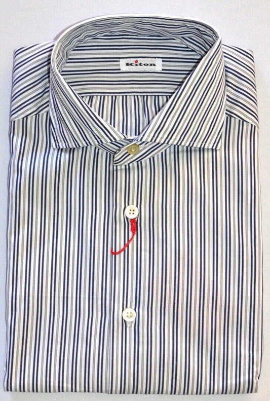 KITON Mens White Navy Stripe French Cuff Slim Dress Shirt Size 17.5 NEW $600