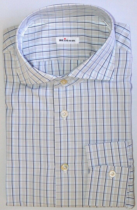 KITON Mens Handmade Multi Color Plaid Slim Dress Shirt Size 16.5 NEW $600