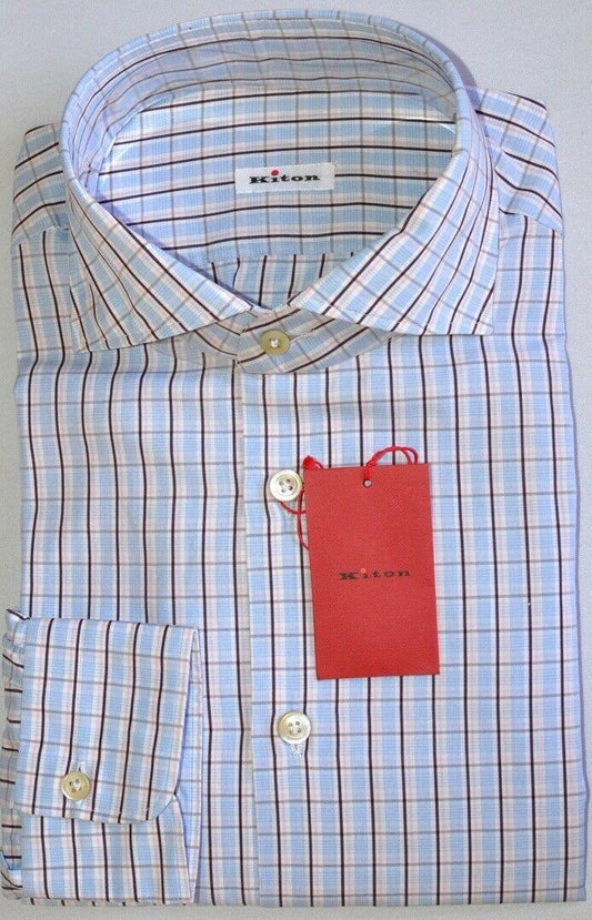 KITON Mens Handmade White Plaid Slim Dress Shirt Size 15.75 NEW NWT $600