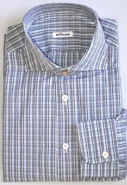 KITON Mens Handmade White Blue Navy Check Slim Dress Shirt Size 18 NEW $600