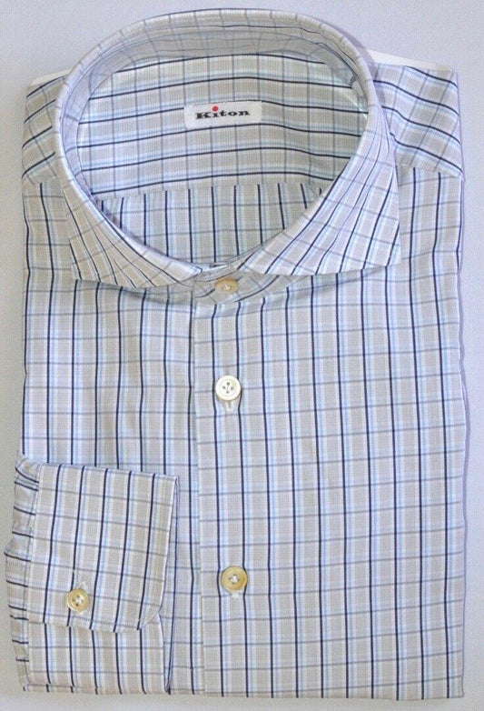 KITON Mens Handmade White Plaid Slim Dress Shirt Sz 17.5 NEW NWT $600