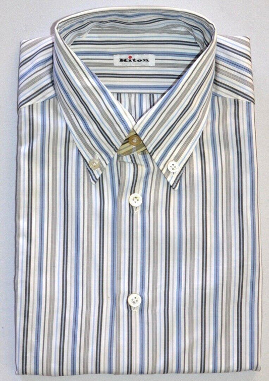 KITON Mens Handmade White Multi Stripe Slim Dress Shirt Size 15.5 NEW $600