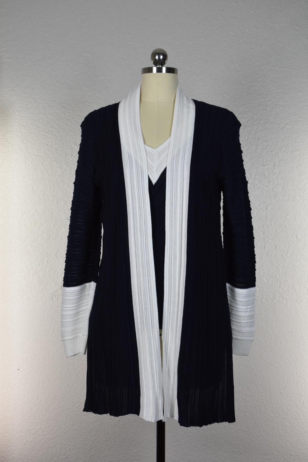 St. John Navy & White Ribbed Open Front Cardigan & Top Set New