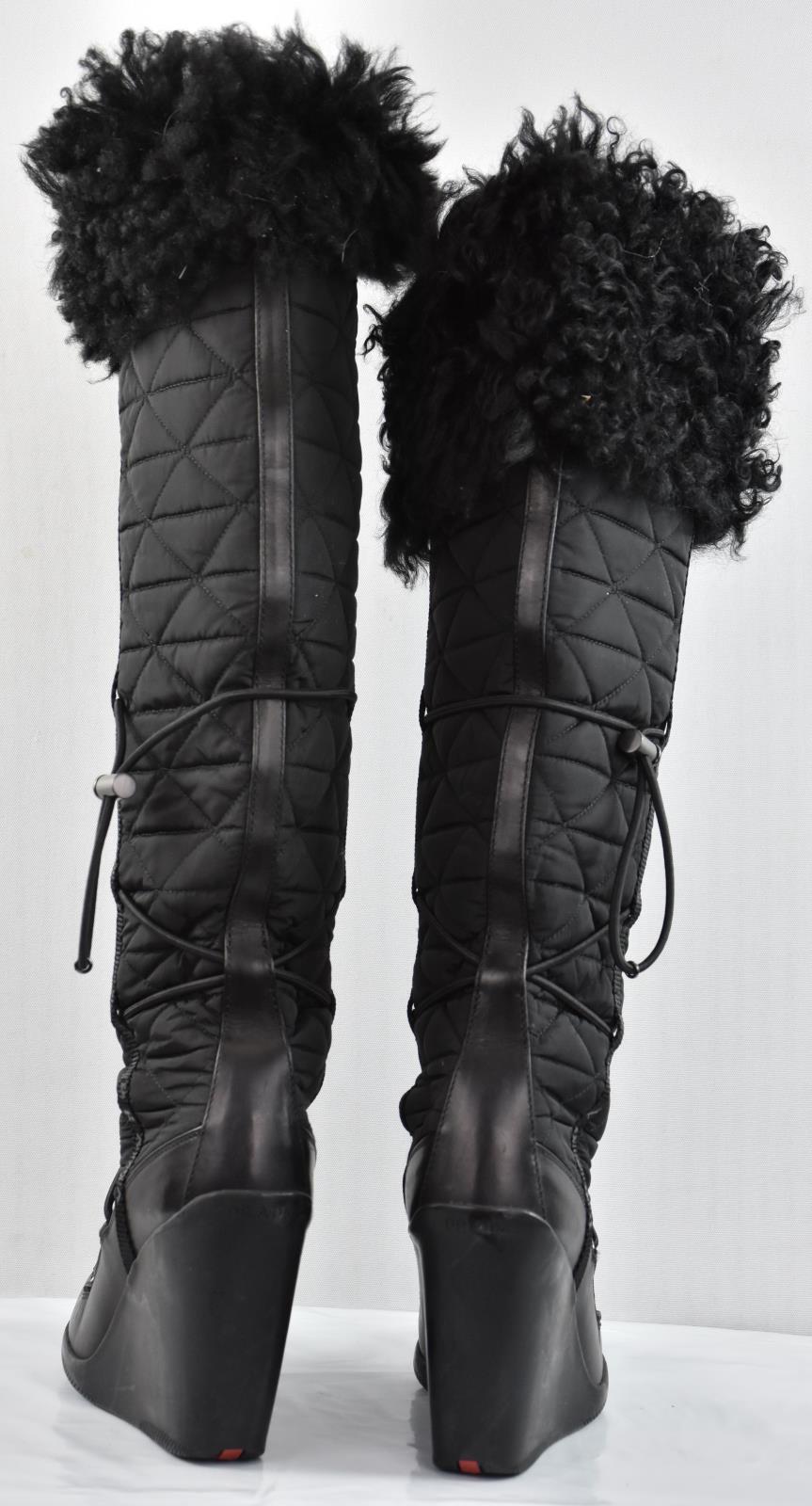 Prada Nylon And Fur Lace Up Winter Boots Size 35.5 - 5.5 US MINT $1200