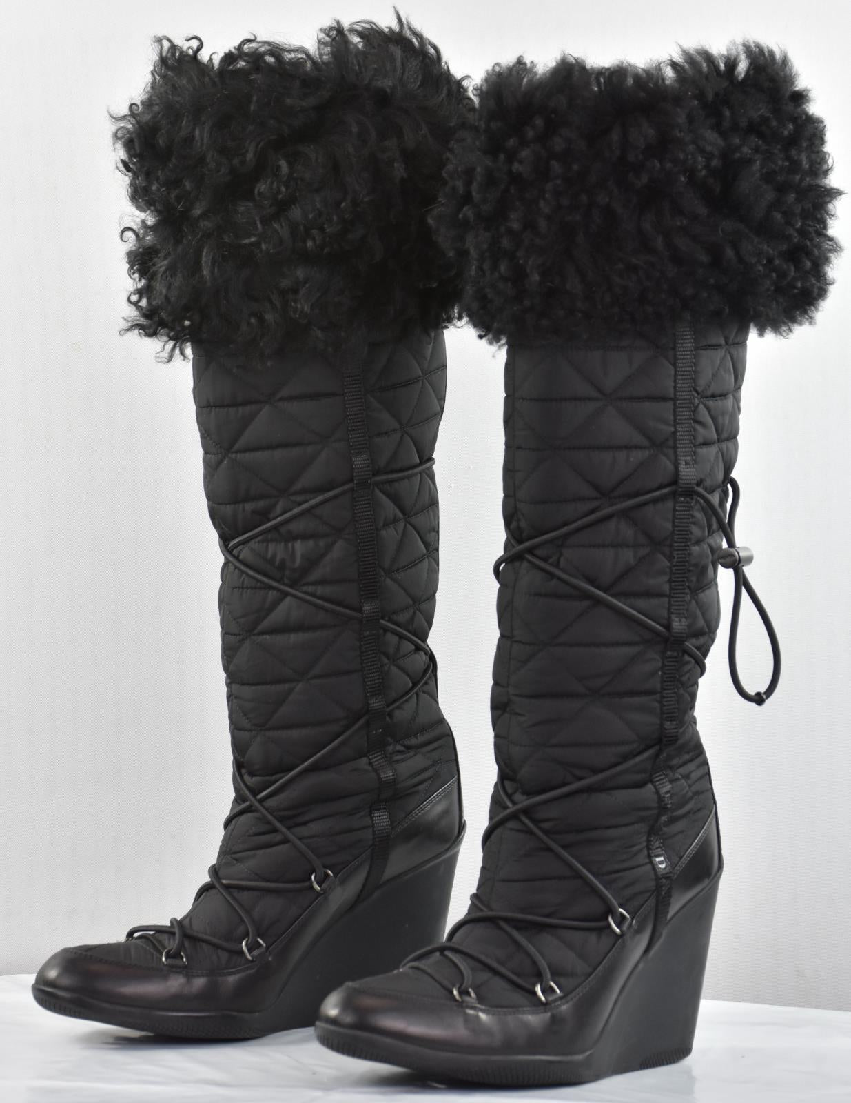 Prada Nylon And Fur Lace Up Winter Boots Size 35.5 - 5.5 US MINT $1200