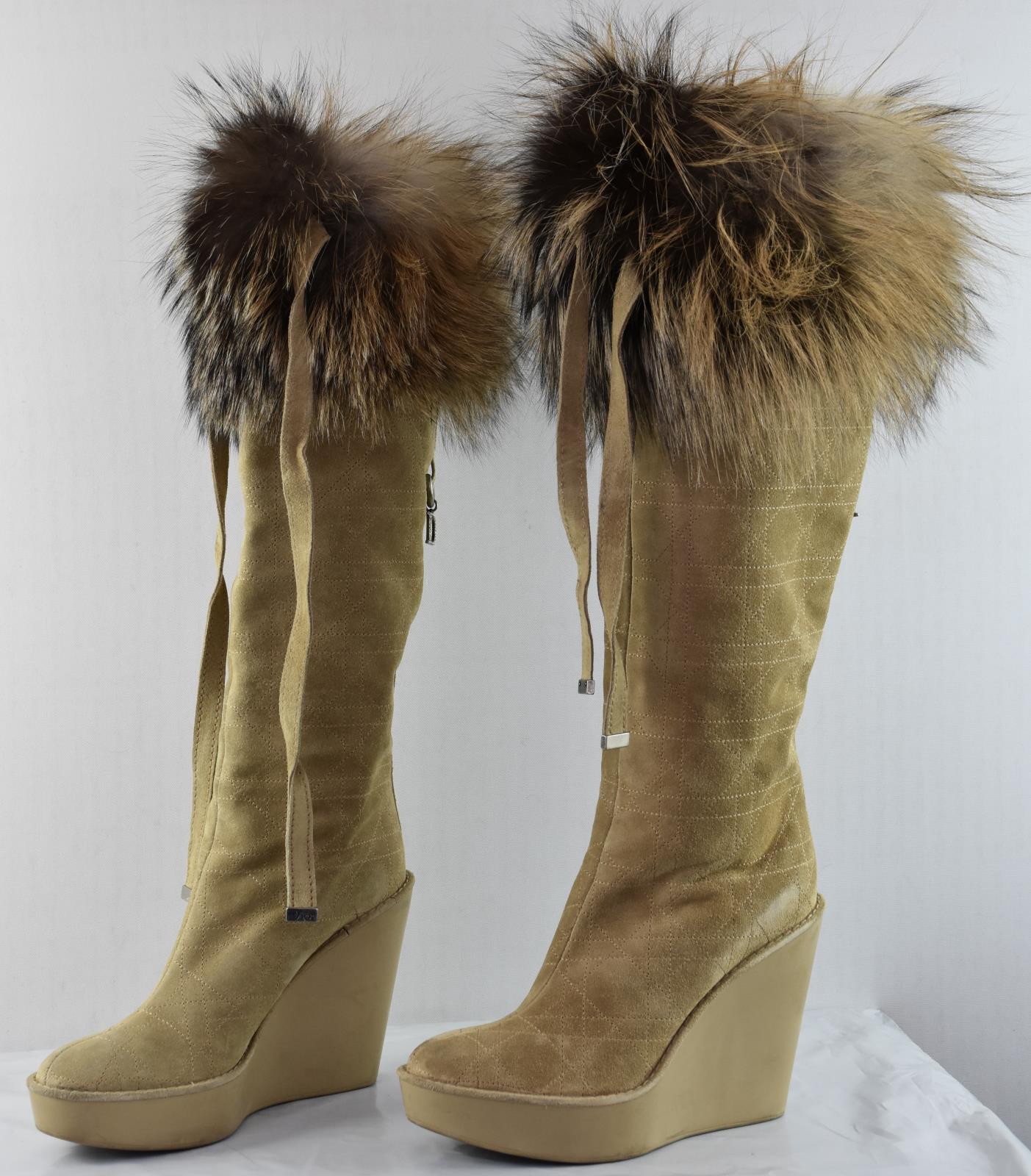 Dior Knee High Wedge Suede Leather Fox Fur Boot Shoes Heel Sz 35.5 - 5.5 US MINT