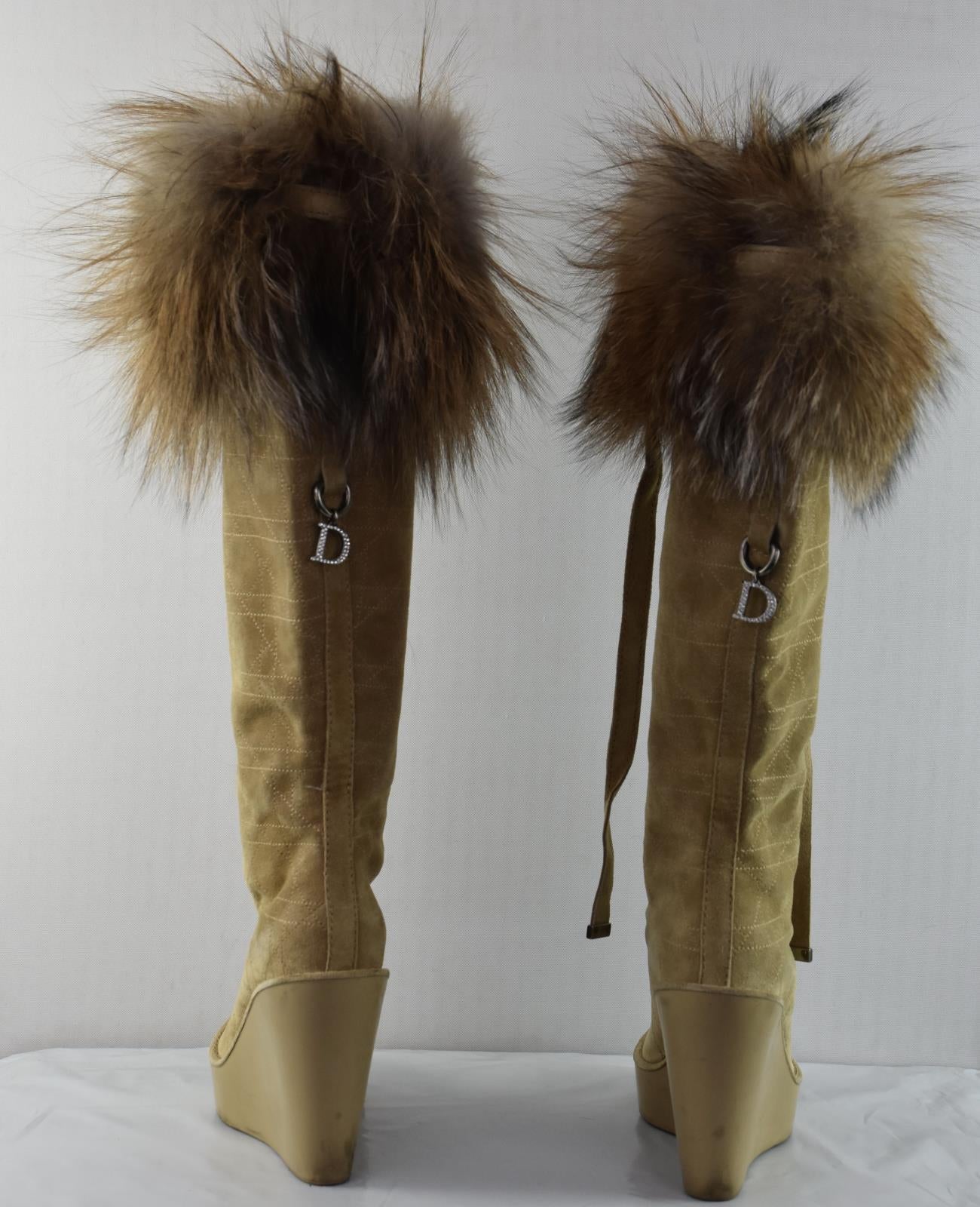 Dior Knee High Wedge Suede Leather Fox Fur Boot Shoes Heel Sz 35.5 - 5.5 US MINT