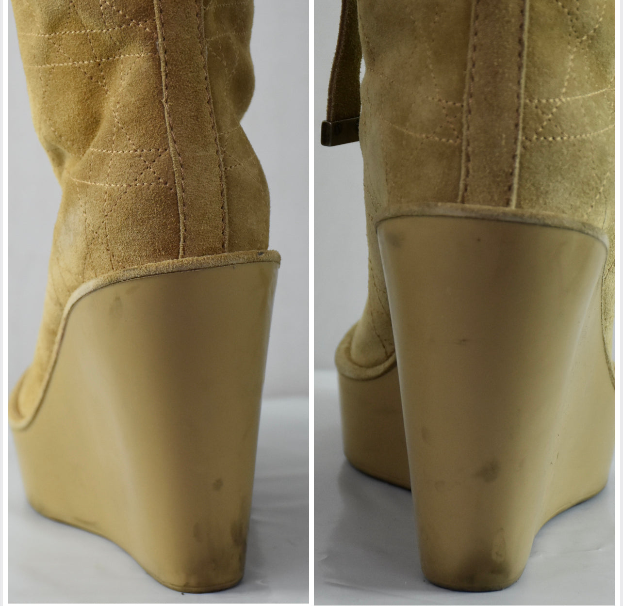 Dior Knee High Wedge Suede Leather Fox Fur Boot Shoes Heel Sz 35.5 - 5.5 US MINT