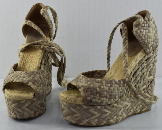 Hermes Beige Leather Suede Canvas Epice Tresse Wedge Ankle Wrap Sandel 35 - 5 US