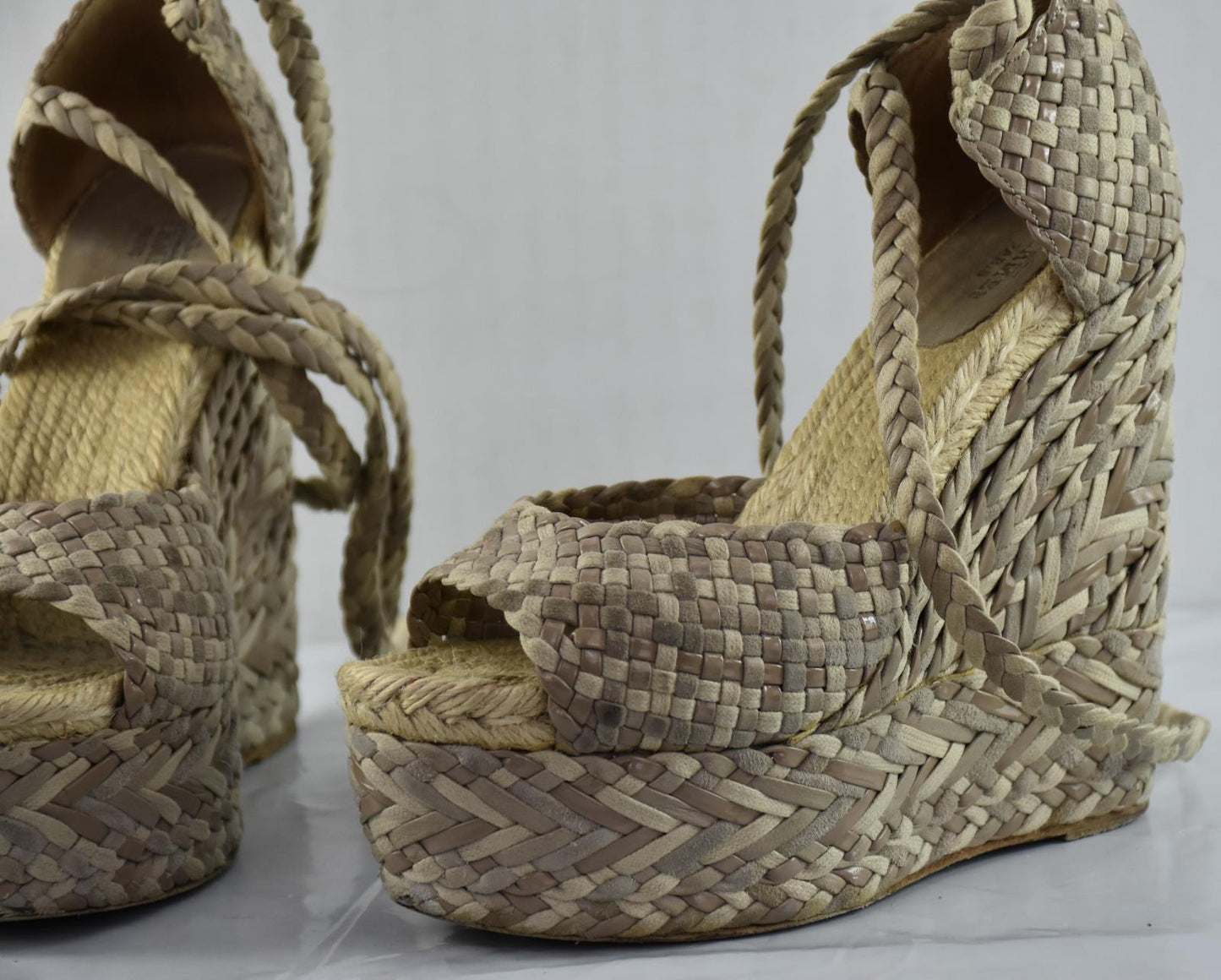 Hermes Beige Leather Suede Canvas Epice Tresse Wedge Ankle Wrap Sandel 35 - 5 US
