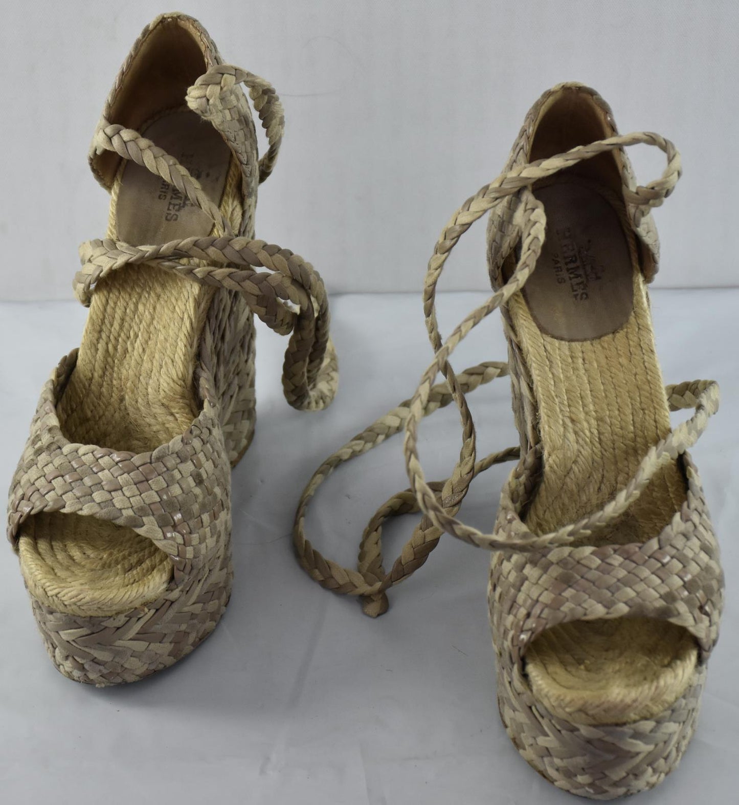 Hermes Beige Leather Suede Canvas Epice Tresse Wedge Ankle Wrap Sandel 35 - 5 US
