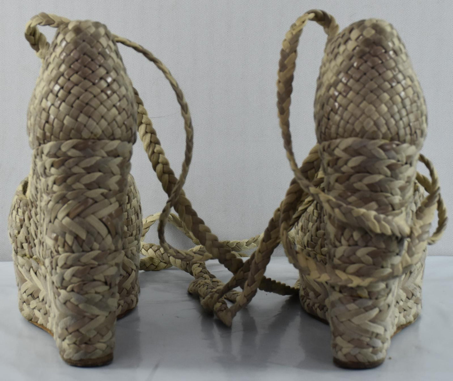 Hermes Beige Leather Suede Canvas Epice Tresse Wedge Ankle Wrap Sandel 35 - 5 US