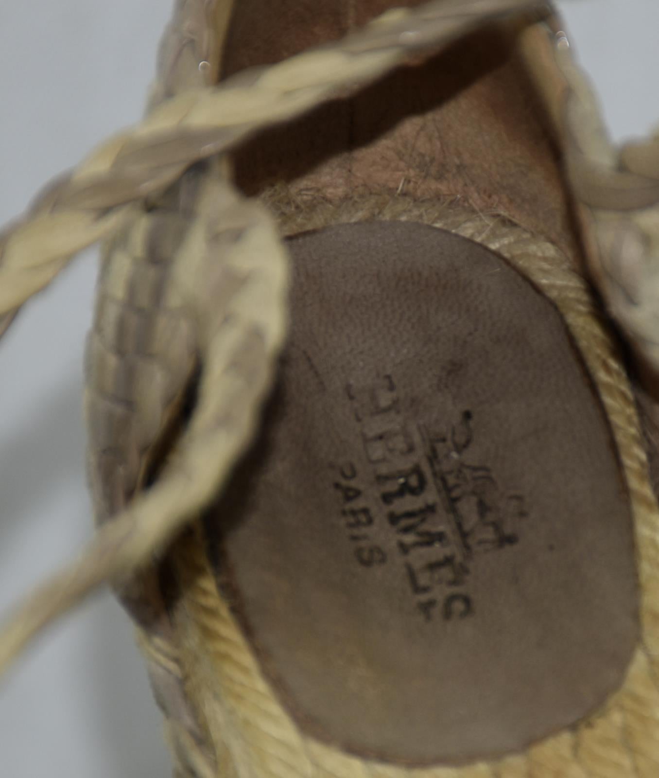 Hermes Beige Leather Suede Canvas Epice Tresse Wedge Ankle Wrap Sandel 35 - 5 US