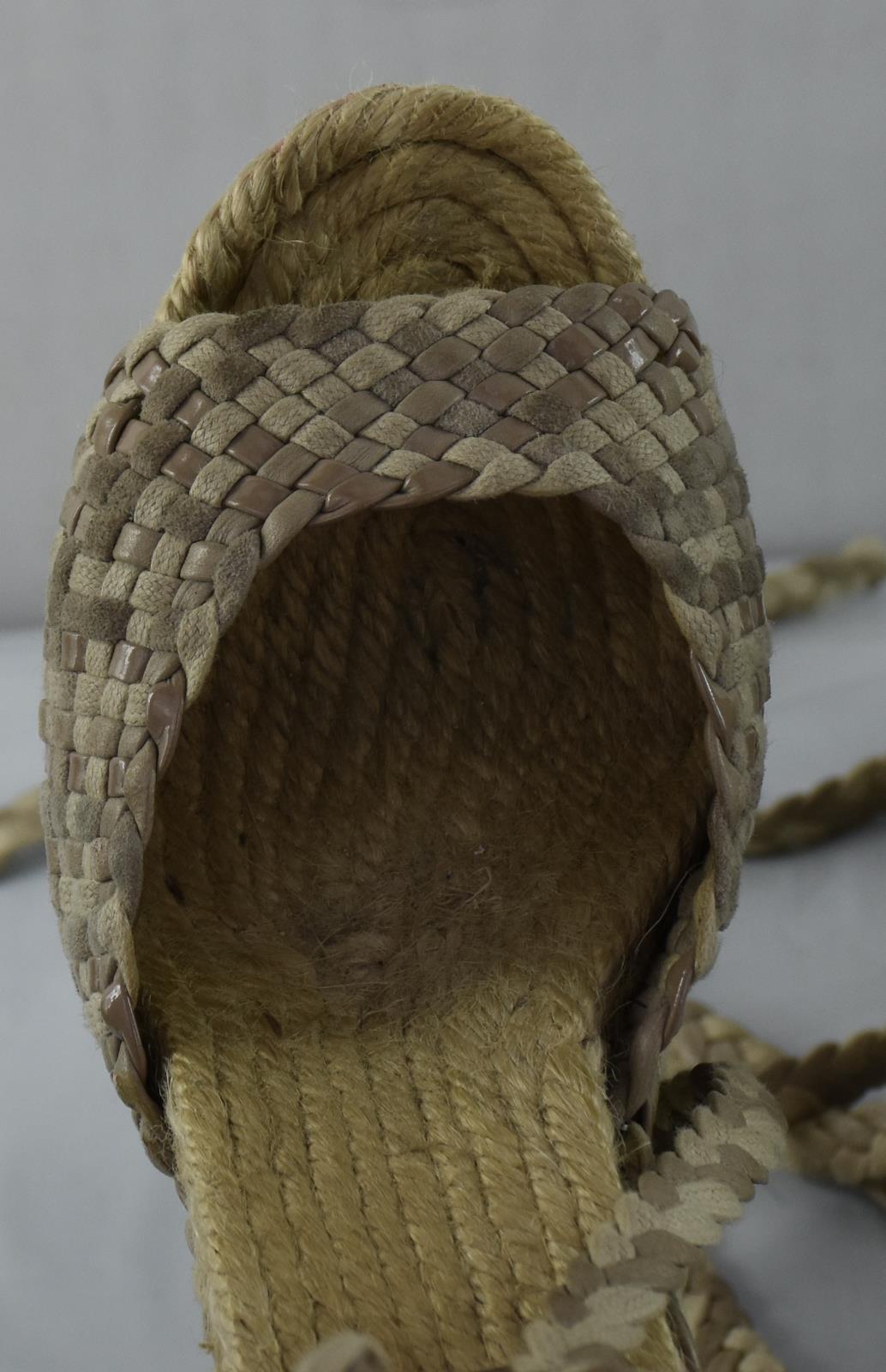 Hermes Beige Leather Suede Canvas Epice Tresse Wedge Ankle Wrap Sandel 35 - 5 US