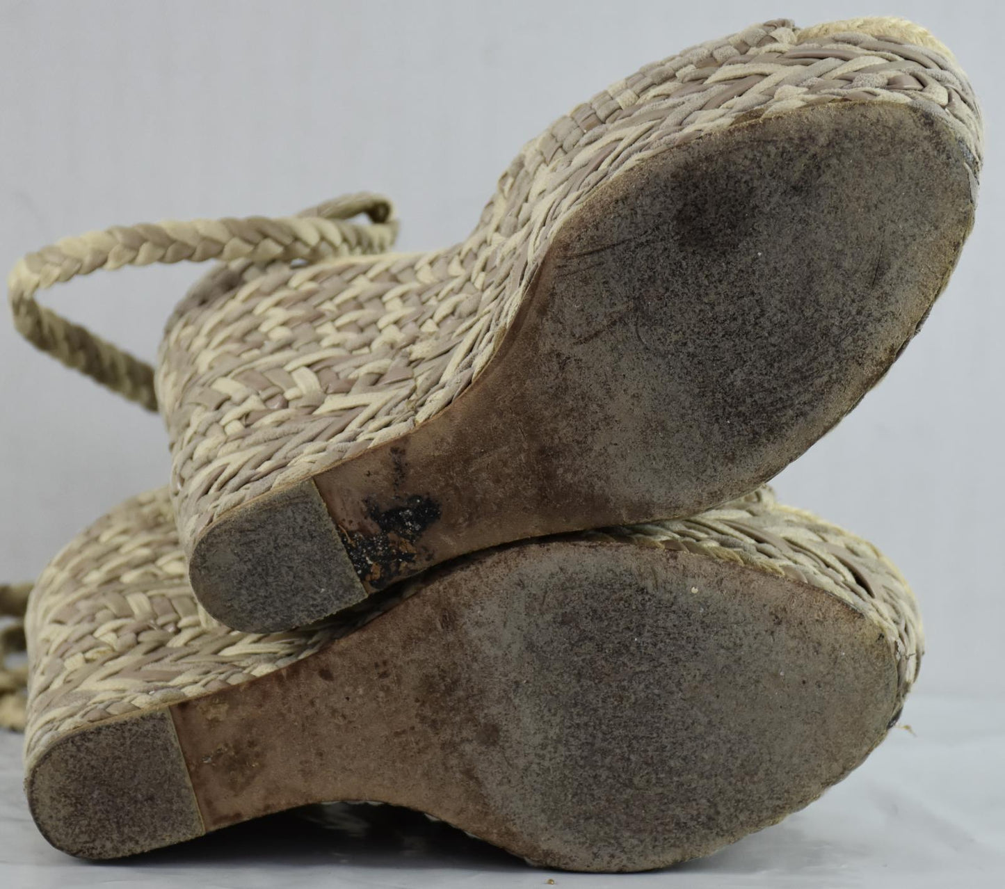 Hermes Beige Leather Suede Canvas Epice Tresse Wedge Ankle Wrap Sandel 35 - 5 US