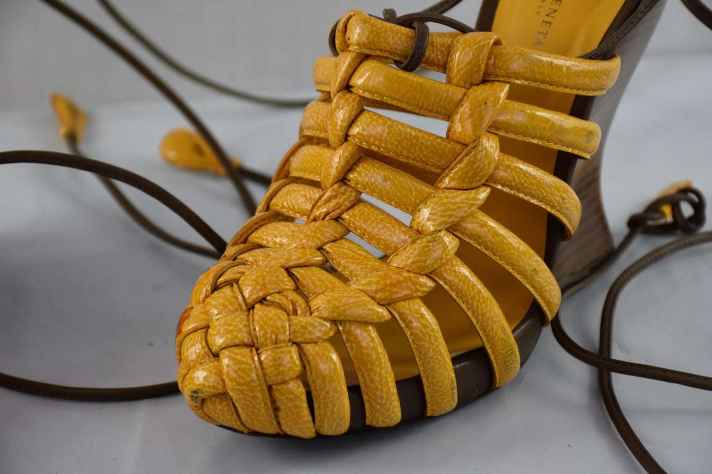 Bottega Veneta Women's Mustard Wedge Heels Sandel Strappy Shoes 36.5 - 6.5 US