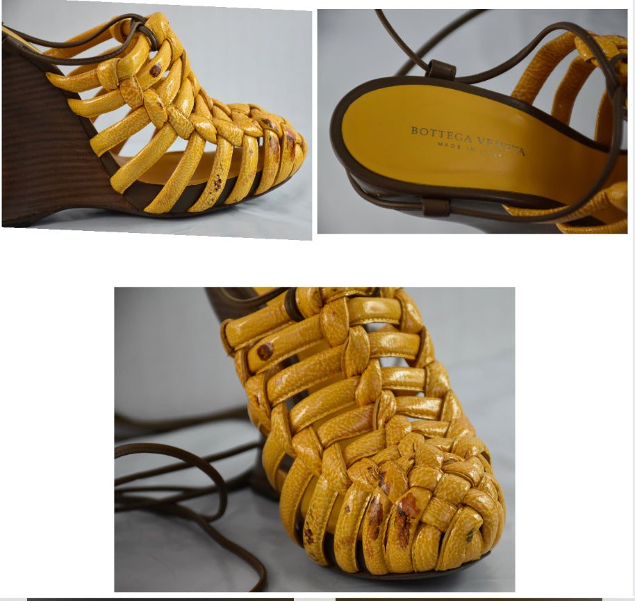 Bottega Veneta Women's Mustard Wedge Heels Sandel Strappy Shoes 36.5 - 6.5 US