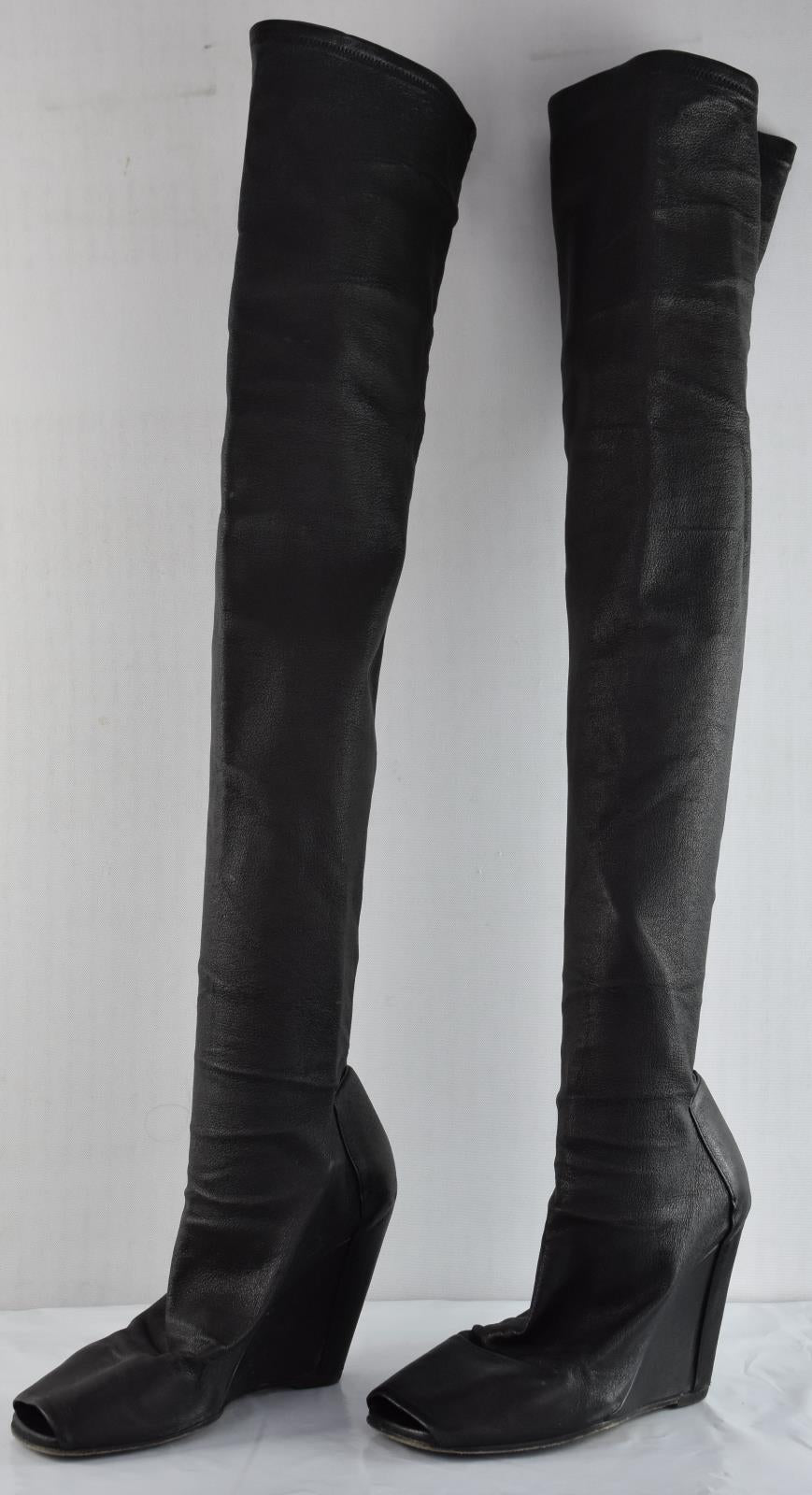 RICK OWENS Black Leather WEDGE OPEN TOE OVER THE KNEE BOOT Size 35.5 = 5.5 US