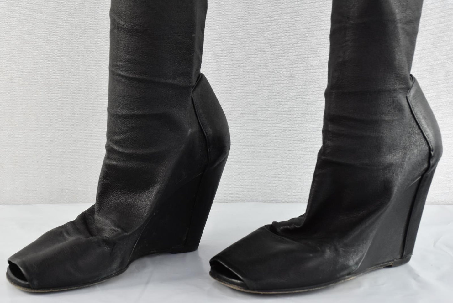 RICK OWENS Black Leather WEDGE OPEN TOE OVER THE KNEE BOOT Size 35.5 = 5.5 US