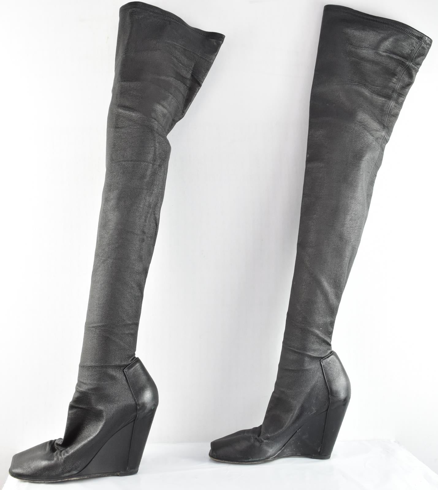 RICK OWENS Black Leather WEDGE OPEN TOE OVER THE KNEE BOOT Size 35.5 = 5.5 US