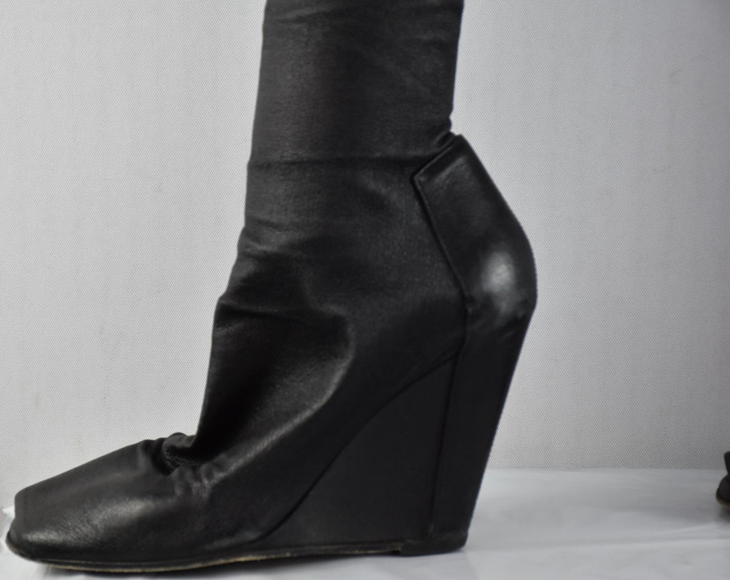 RICK OWENS Black Leather WEDGE OPEN TOE OVER THE KNEE BOOT Size 35.5 = 5.5 US