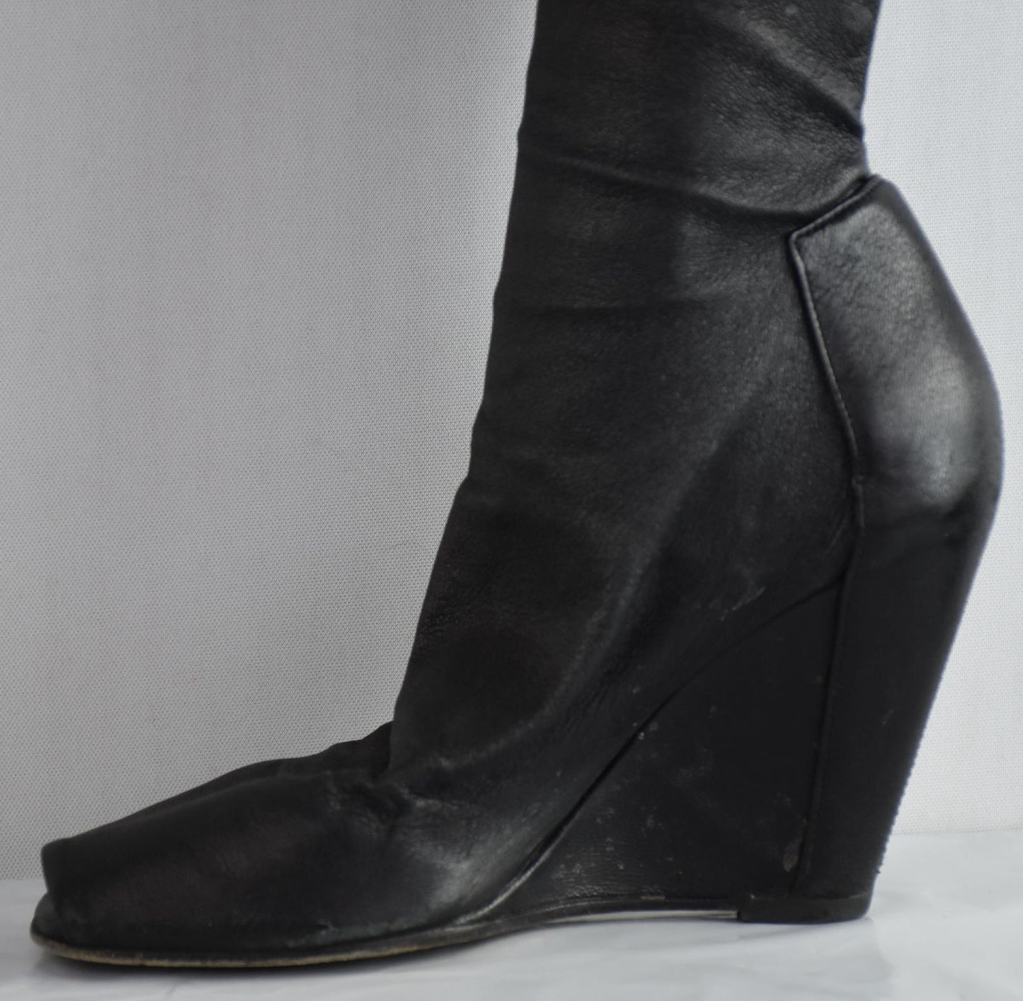 RICK OWENS Black Leather WEDGE OPEN TOE OVER THE KNEE BOOT Size 35.5 = 5.5 US