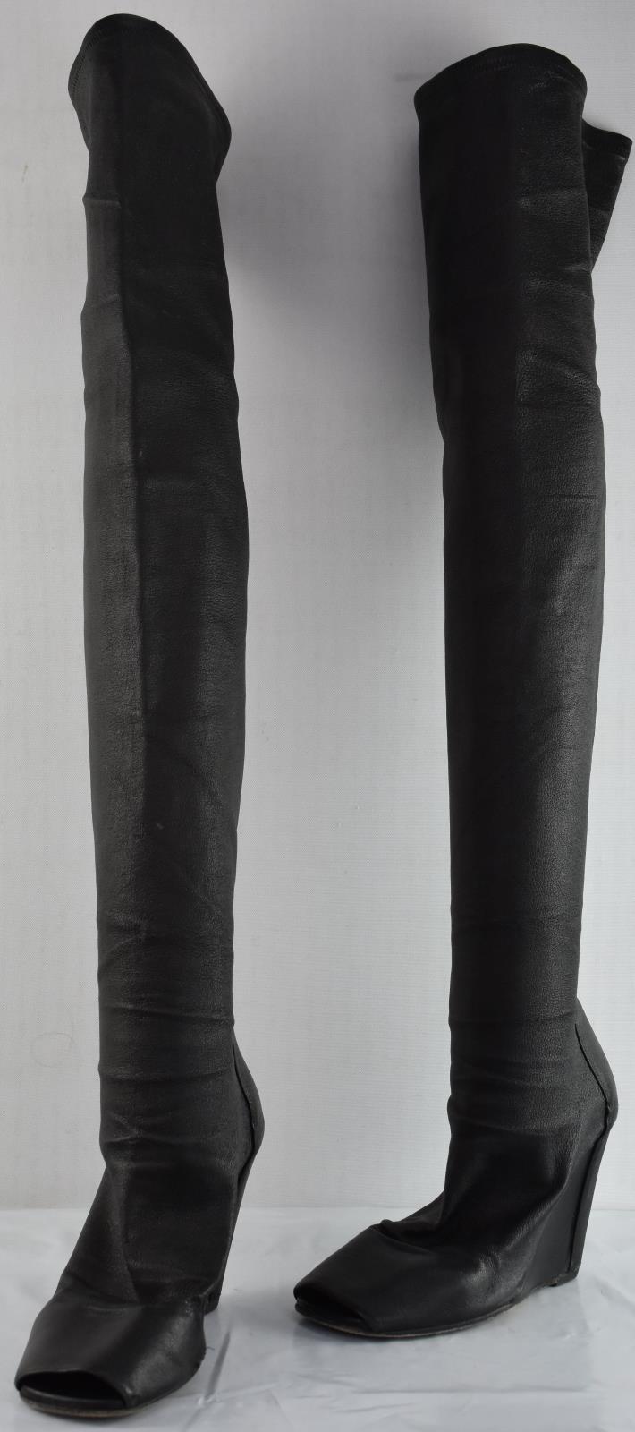 RICK OWENS Black Leather WEDGE OPEN TOE OVER THE KNEE BOOT Size 35.5 = 5.5 US