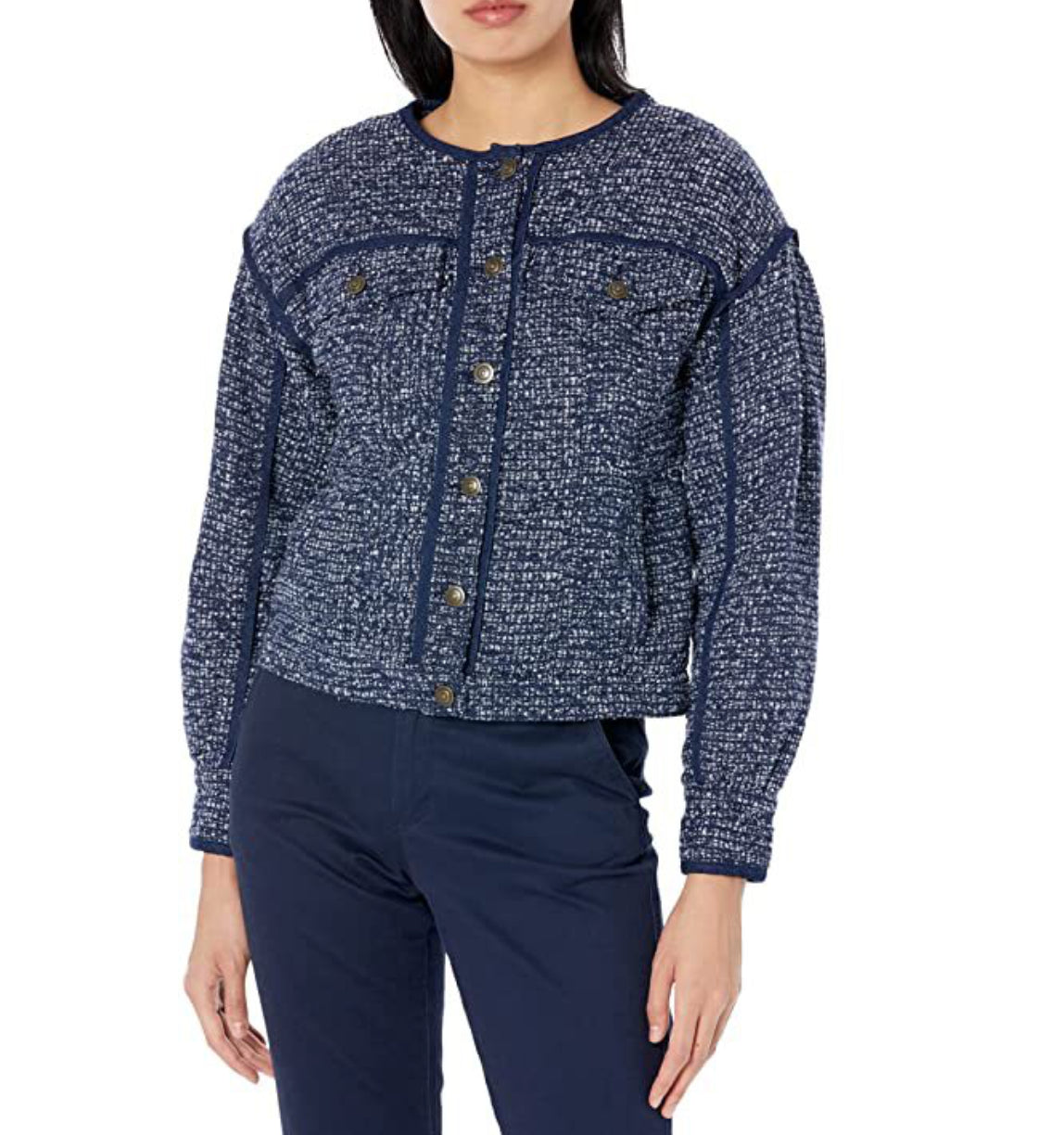 Joie Women's Navy Malet Collarless Lined Tweed Jacket Size 8 New $378