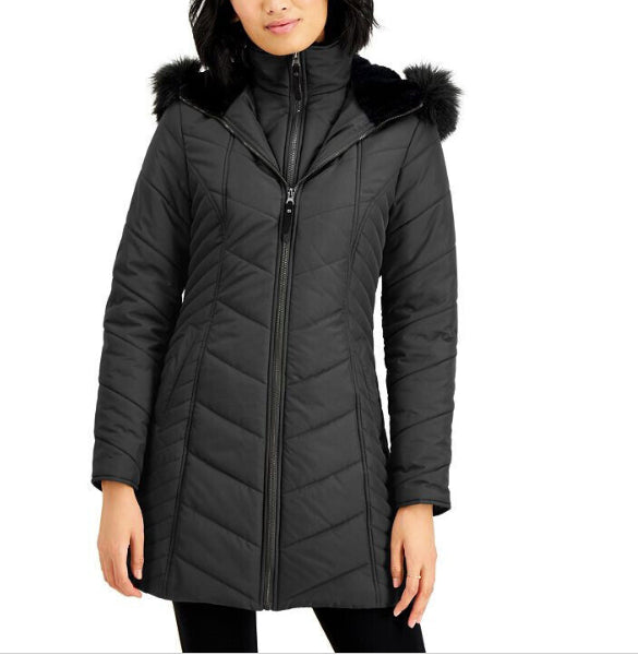 MARALYN & ME Women's FAUX-FUR-TRIM BIB PUFFER COAT Jacket Size S New $100 6112ME