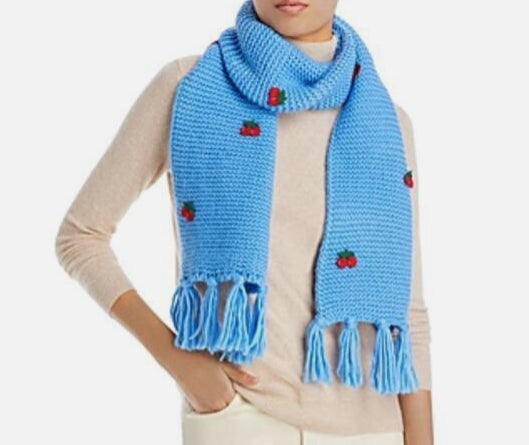 AQUA Blue Cherry Applique Womens Waffle Fringe Scarf O/S NEW $128 JAF22AQ065