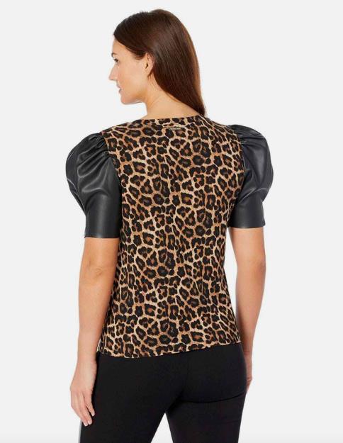 Michael Kors Women Nubian Leather Sleeve T-Shirt Camel Petite S New PB950HV2P5