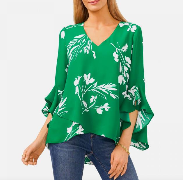 Vince Camuto Women's Floral Whisper Printed Flutter-Sleeve Blouse XS $89 9121092